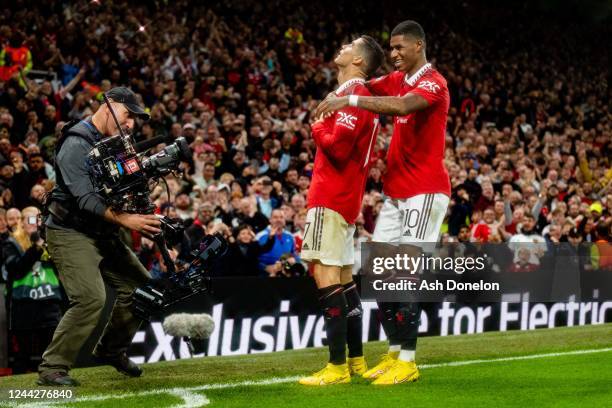 Cristiano Ronaldo of Manchester United celebrates scoring a goal to make the score 3-0 during the UEFA Europa League group E match between Manchester...