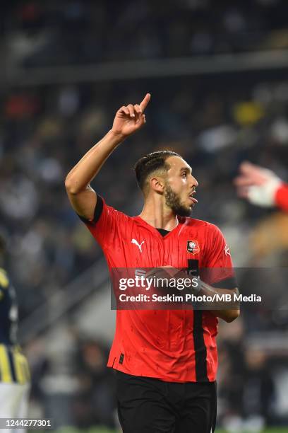 Amine Gouiri of Stade Rennes celebrates after scoring the third goal of his team during the UEFA Europa League group B match between Fenerbahce and...