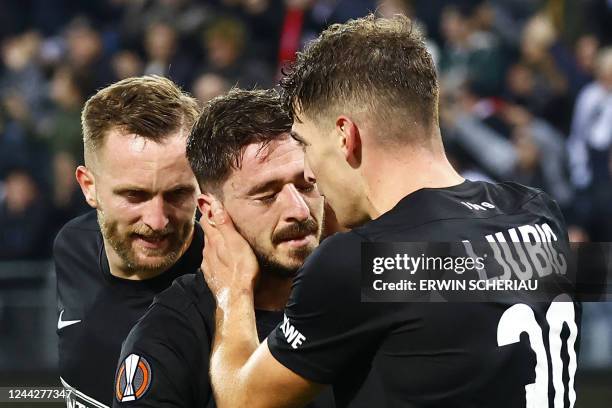 Sturm Graz's Austrian forward Jakob Jantscher, Sturm Graz's Georgian midfielder Otar Kiteishvili and Sturm Graz's Austrian midfielder Ivan Ljubic...