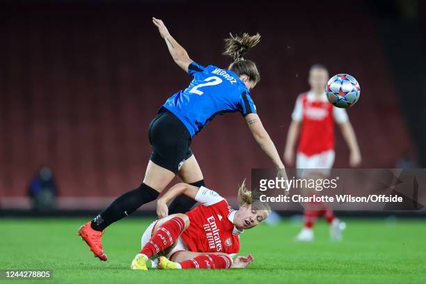 Naomi Megroz of Zurich collides with Beth Mead of Arsenal during the UEFA Women's Champions League group C match between Arsenal and FC Zurich at The...