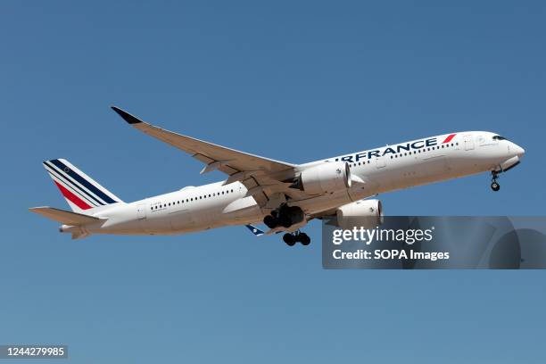 An Air France Airbus 350-900 taking off from Malaga Costa del Sol airport. Air France is the flag carrier of France. It is a subsidiary of the Air...