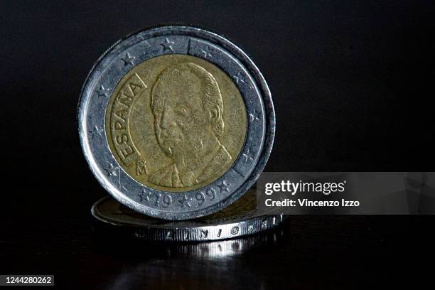 In this photo illustration, a two euro coin from 1999, Spanish commemorative coin dedicated to King Juan Carlos I.