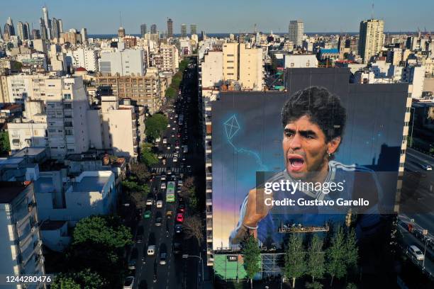 Aerial view of a giant mural by artist Martin Ron depicting late football legend Diego Maradona on October 27, 2022 in Buenos Aires, Argentina. The...