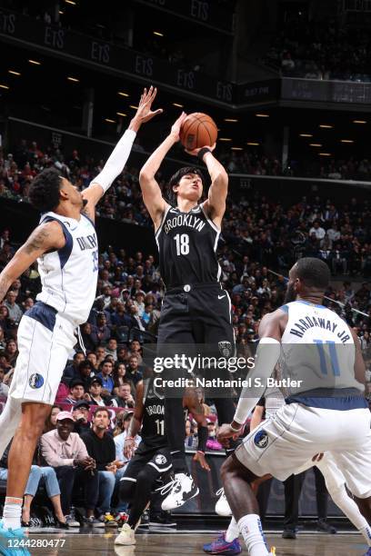 Yuta Watanabe of the Brooklyn Nets shoots the ball during the game against the Dallas Mavericks on October 27, 2022 at Barclays Center in Brooklyn,...