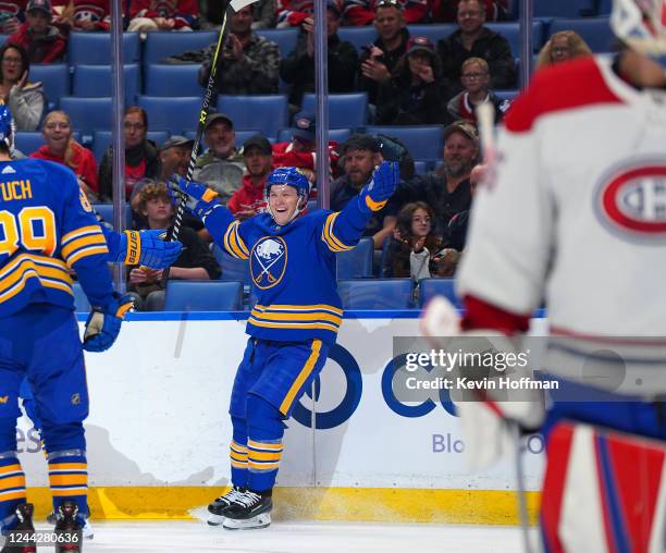 Jeff Skinner of the Buffalo Sabres celebrates after scoring a goal against the Montreal Canadiens during the second period at KeyBank Center on...