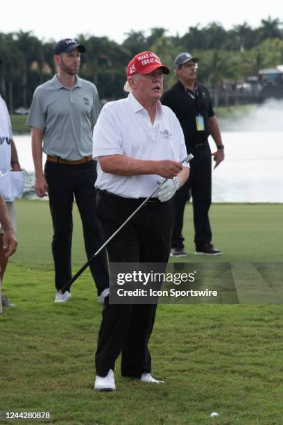 Former President Donald Trump, plays in the ProAm ahead of the LIV Golf Team Championship, on October. 27 at Trump National Doral Golf Club in Doral,...