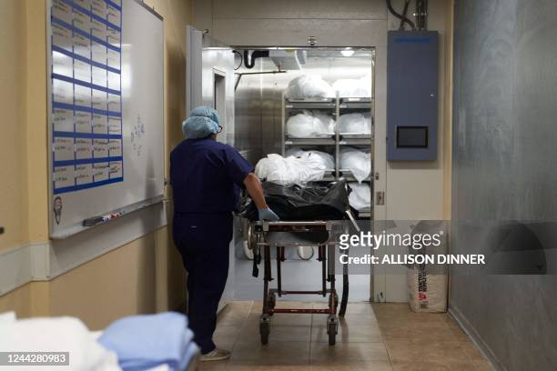 Chief Medical Examiner of Webb County, Texas Dr. Corinne Stern's autopsy assistant moves the body of an unidentified migrant to the autopsy room in...