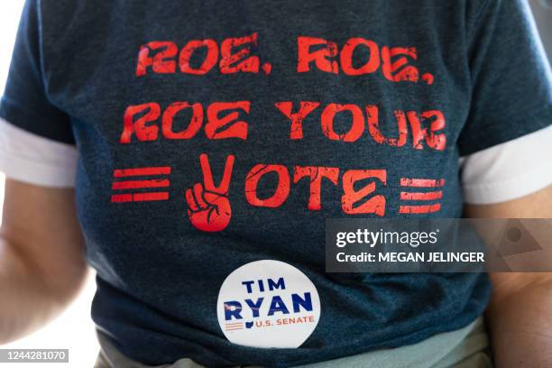 Amy Cox, Democratic candidate for Ohio State Representative, wears a shirt in support of Roe V Wade while canvassing in Trenton, Ohio, on October 23,...