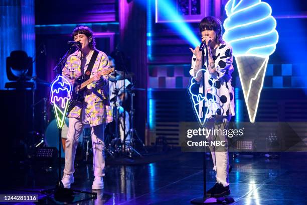 Episode 1734 -- Pictured: Musical guests Tegan and Sara perform on Thursday, October 27, 2022 --