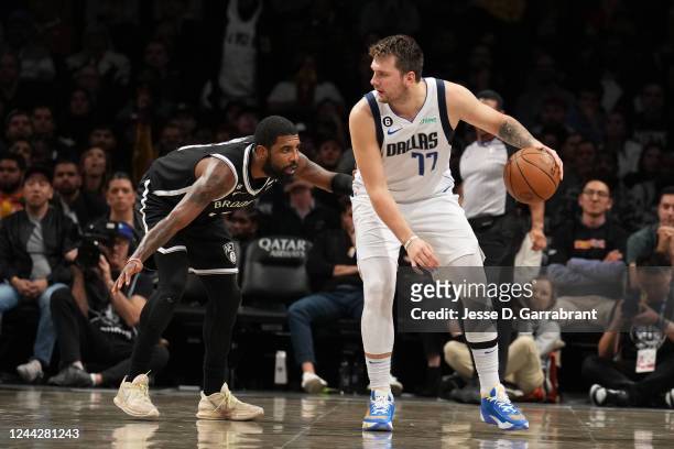 Luka Doncic of the Dallas Mavericks looks to pass the ball during the game against the Brooklyn Nets on October 27, 2022 at Barclays Center in...
