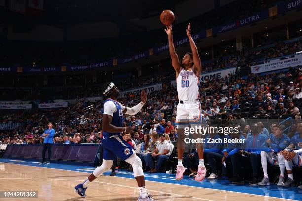 Jeremiah Robinson-Earl of the Oklahoma City Thunder shoots a three point basket during the game against the LA Clippers on October 27, 2022 at Paycom...