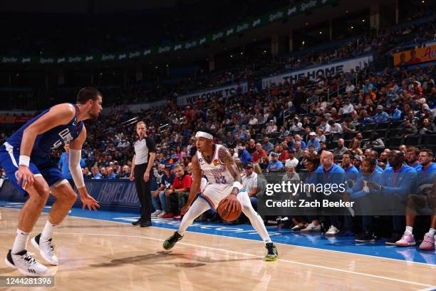 Tre Mann of the Oklahoma City Thunder handles the ball during the game against the LA Clippers on October 27, 2022 at Paycom Arena in Oklahoma City,...