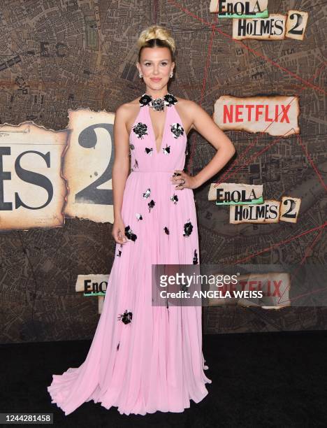 British actress Millie Bobby Brown arrive for the premiere of Netflix's "Enola Holmes 2" at The Paris Theatre in New York City on October 27, 2022.