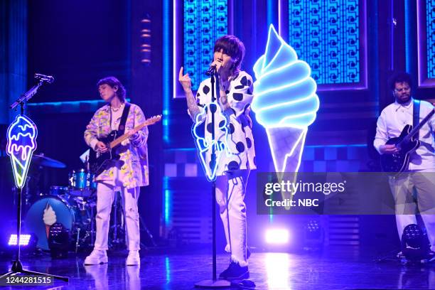 Episode 1734 -- Pictured: Musical guests Tegan and Sara perform on Thursday, October 27, 2022 --