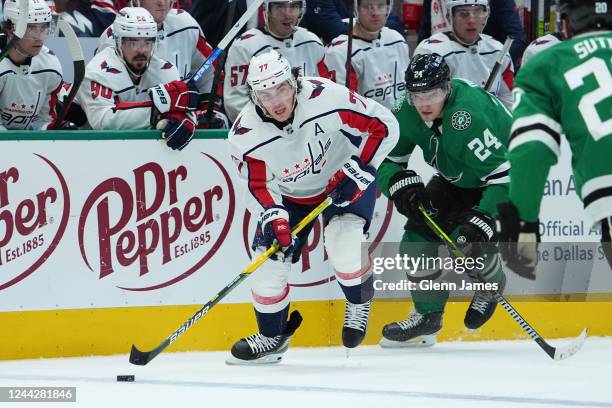 Oshie of the Washington Capitals handles the puck against the Dallas Stars at the American Airlines Center on October 27, 2022 in Dallas, Texas.