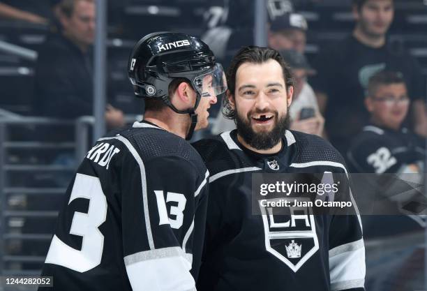 Gabriel Vilardi of the Los Angeles Kings and Drew Doughty meet on the ice during warm ups prior to the game against the Winnipeg Jets at Crypto.com...