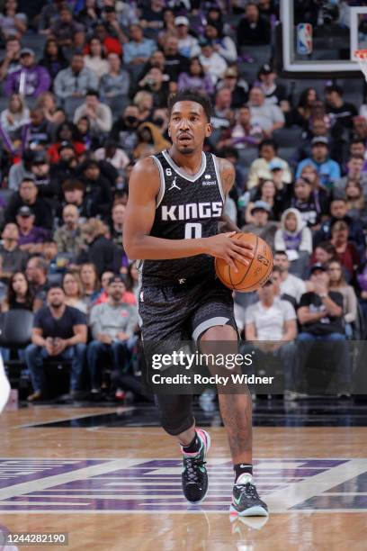 Malik Monk of the Sacramento Kings dribbles the ball during the game against the Memphis Grizzlies on October 27, 2022 at Golden 1 Center in...