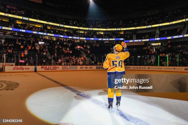 Roman Josi of the Nashville Predators waves as First Star of the Game in a 6-2 win against the St. Louis Blues at Bridgestone Arena on October 27,...