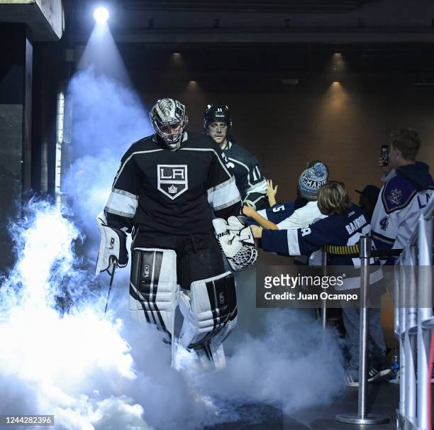 Jonathan Quick of the Los Angeles Kings takes the ice prior to the game against the Winnipeg Jets at Crypto.com Arena on October 27, 2022 in Los...