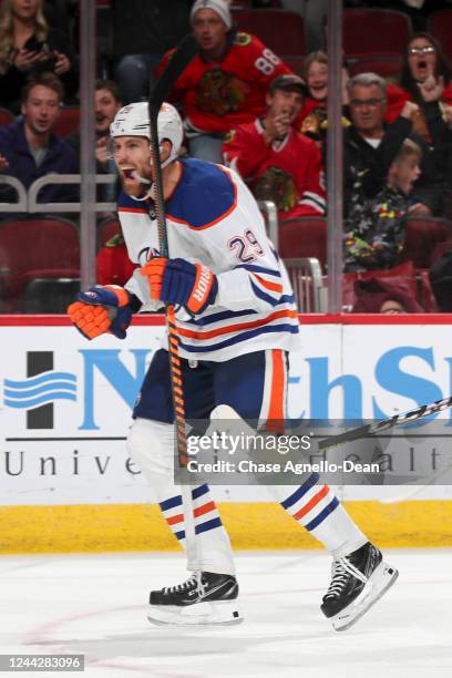 Leon Draisaitl of the Edmonton Oilers reacts after scoring the game-winning goal against the Chicago Blackhawks in the third period at United Center...