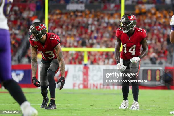 Tampa Bay Buccaneers Wide Receiver Mike Evans and Wide Receiver Chris Godwin line up during the regular season game between the Baltimore Ravens and...