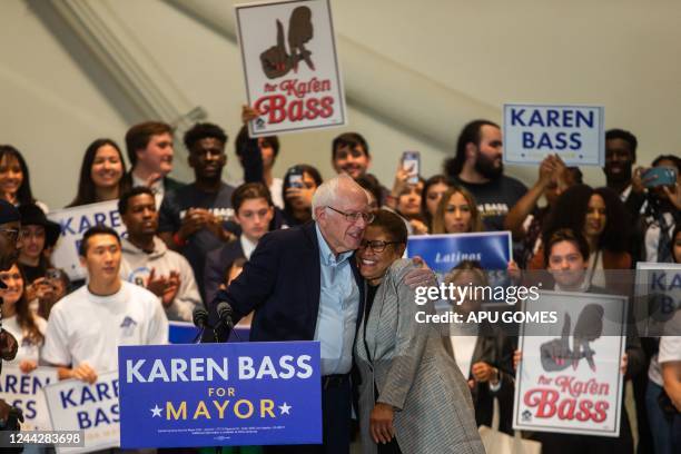 Sen. Bernie Sanders hugs Los Angeles Democratic mayoral candidate Rep. Karen Bass at a campaign rally for Bass in Playa Vista, California on October...