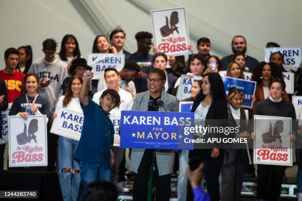 Los Angeles Democratic mayoral candidate Rep. Karen Bass speaks during a campaign rally in Playa Vista, California on October 27, 2022.