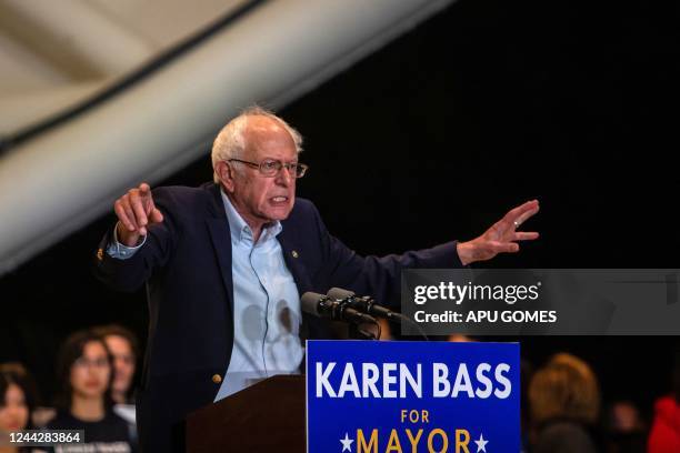 Sen. Bernie Sanders speaks during a campaign rally for Los Angeles Democratic mayoral candidate Rep. Karen Bass in Playa Vista, California on October...