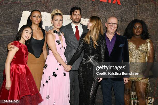 Serrana Su-Ling Bliss, Abbie Hern, Millie Bobby Brown, Henry Cavill, Hannah Dodd, Harry Bradbeer and Susan Wokoma at the world premiere of Enola...