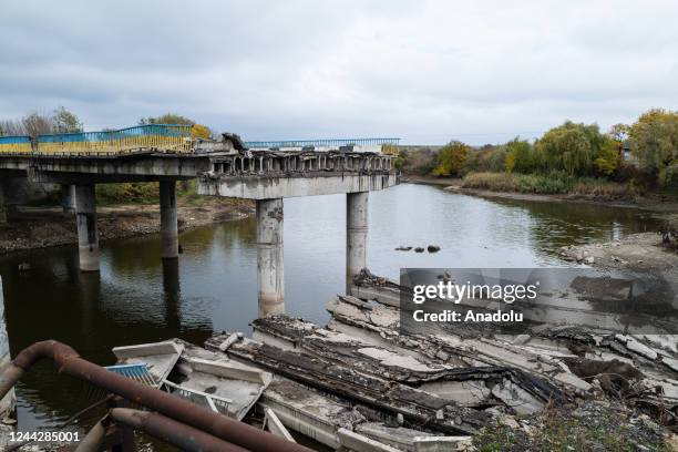 Bridge and dam of hydro are seen after clashes in the recently retaken village of Velyka Oleksandrivka in Kherson, Ukraine on October 27, 2022 as...