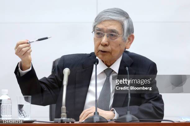 Haruhiko Kuroda, governor of the Bank of Japan , gestures during a news conference at the central bank's headquarters in Tokyo, Japan, on Friday,...