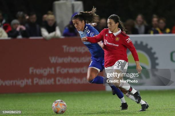 Of Manchester United battles with Durham Women's GEORGIA ROBERT during the FA Women's League Cup match between Durham Women FC and Manchester United...
