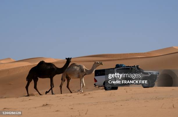 This photograph taken on October 25 shows Dakar rally sports coordinator of the road book Pierre Lenfant and Safety coordinator Francesco Romero...