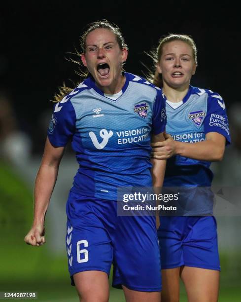 Durham Women's SARAH ROBSON celebrates after scoring their second goal to make it 2-2 in the final seconds of the FA Women's League Cup match between...