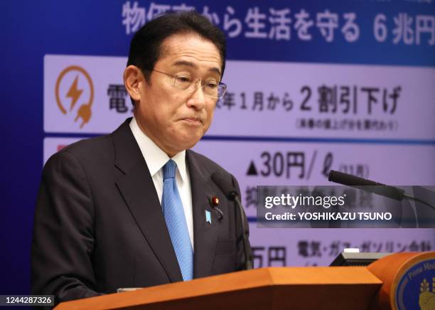 Japan's Prime Minister Fumio Kishida speaks at a press conference at his official residence in Tokyo on October 28 to announce a new economic...