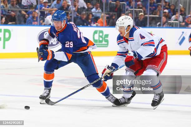 Brock Nelson of the New York Islanders skates against the New York Rangers at UBS Arena on October 26, 2022 in Elmont, New York. New York Islanders...
