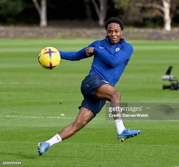 Raheem Sterling of Chelsea during a training session at Chelsea Training Ground on October 28, 2022 in Cobham, England.