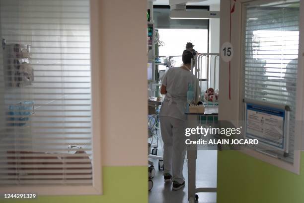 Pediatric doctor tends to a baby hospitalised at the pediatric emergency unit at the Robert Debre hospital in Paris on October 28, 2022. / The...