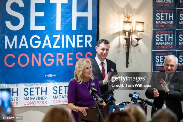 First lady Jill Biden speaks during a campaign event for Seth Magaziner, background, Democratic candidate for Rhode Island's Second Congressional...