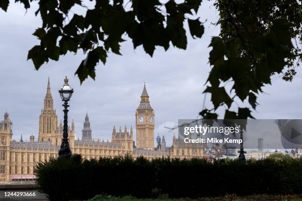 View towards the Houses of Parliament, the Palace of Westminster and clock tower aka Big Ben on 14th October 2022 in London, United Kingdom. Big Ben...