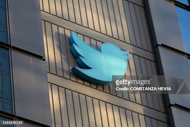 The Twitter logo is seen on the exterior of Twitter headquarters in San Francisco, California, on October 28, 2022. - Elon Musk began his first full...