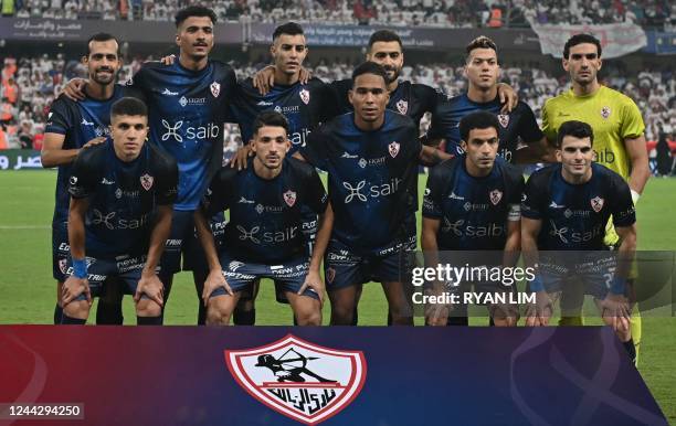 Zamalek's palyers pose for a group picture ahead of the Egyptian Super Cup football match between Zamalek and Al-Ahly at the Hazza bin Zayed stadium...