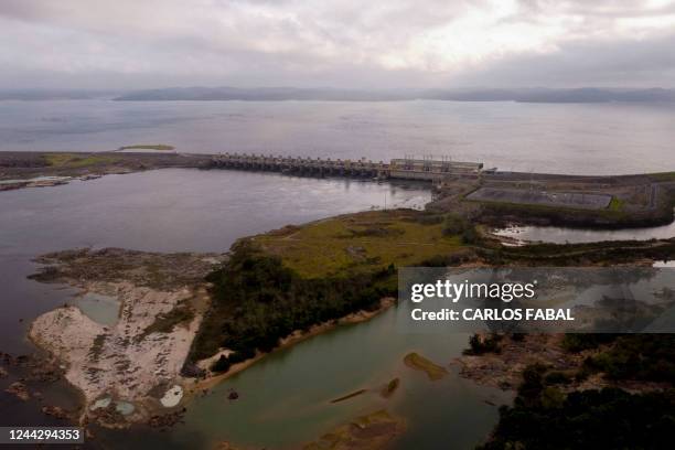 Aerial view of the Belo Monte hydroelectric plant located at the city of Altamira, Para state, Brazil on September 13, 2022. - "The progress that...