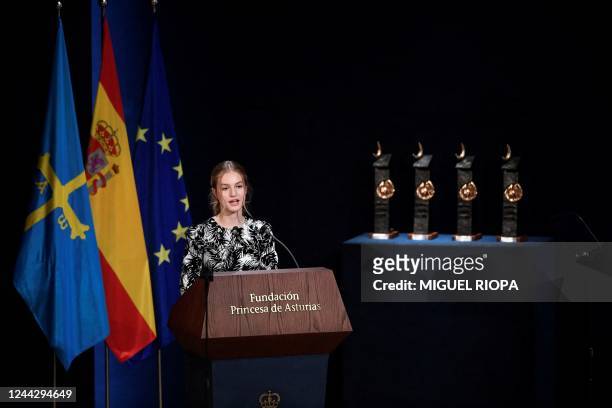 Spanish Crown Princess of Asturias Leonor delivers a speech during the 2022 Princess of Asturias award ceremony at the Campoamor theatre in Oviedo on...
