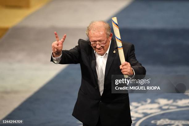 Polish defenders of human rights Adam Michnik, laureate for Communication and Humanities, gestures on stage during the 2022 Princess of Asturias...