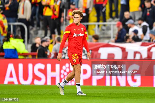 Adrien LOUVEAU of Lens warms up prior to the French Ligue 1 Uber Eats soccer match between Lens and Toulouse at Stade Bollaert-Delelis on October 28,...