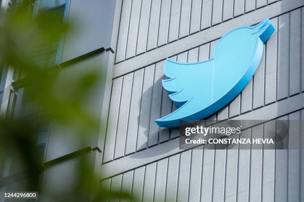 The Twitter logo is seen on a sign on the exterior of Twitter headquarters in San Francisco, California, on October 28, 2022. - After months of...