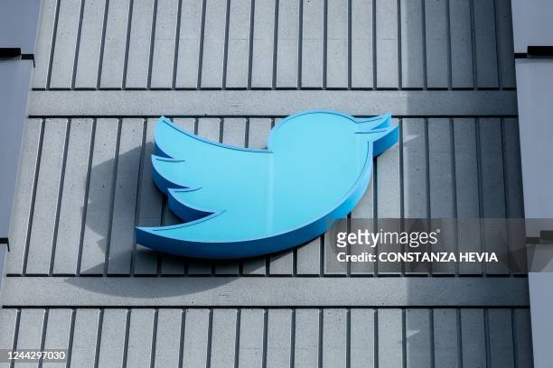 The Twitter logo is seen on a sign on the exterior of Twitter headquarters in San Francisco, California, on October 28, 2022. - After months of...