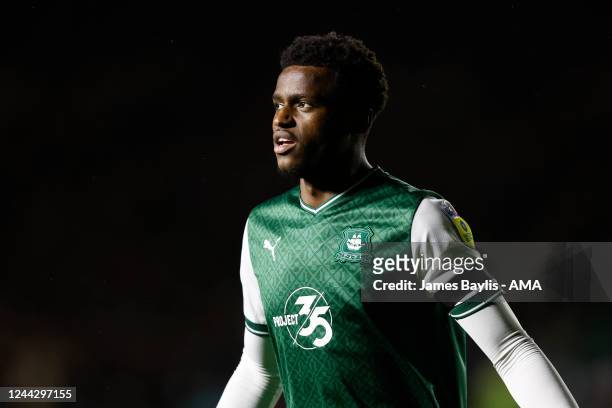 Bali Mumba of Plymouth Argyle during the Sky Bet League One between Plymouth Argyle and Shrewsbury Town at Home Park Stadium on October 25, 2022 in...