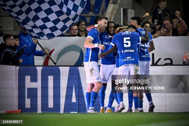 Genk's playersw celebrate scoring ttheir fourth goal during the Belgian Pro League first division football match between KRC Genk and KV Mechelen at...